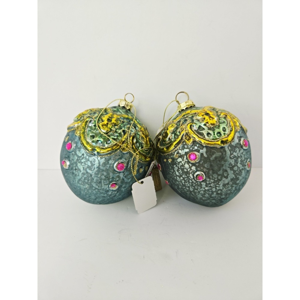 Katherine's Collection Christmas ornament pair glass bulb ball rhinestone blue